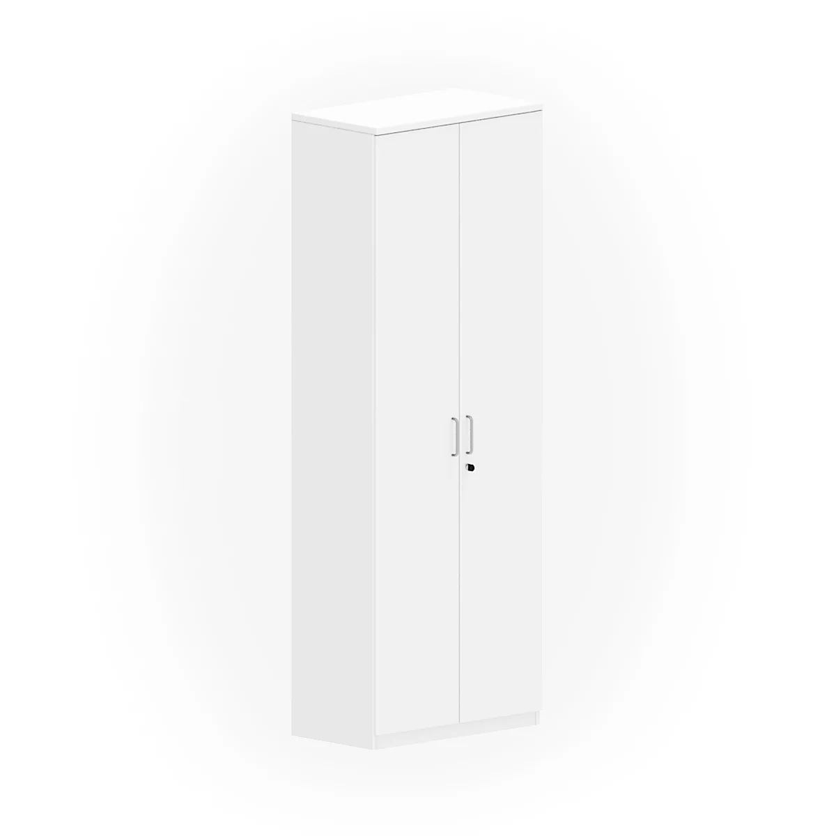 White cabinet with two doors, handles and lock in front of a light background.